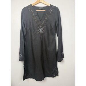 Black Linen Floral Embroidered Dress Beaded Gothic Boho Whimsigoth Festival Lg